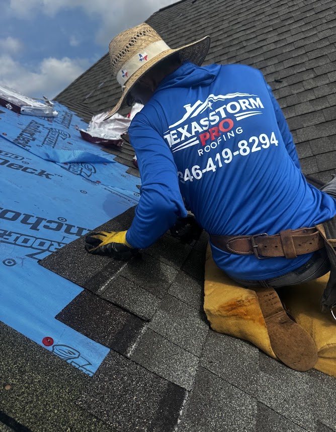 Texas Storm Pro roofer in branded uniform installing shingles over synthetic underlayment
